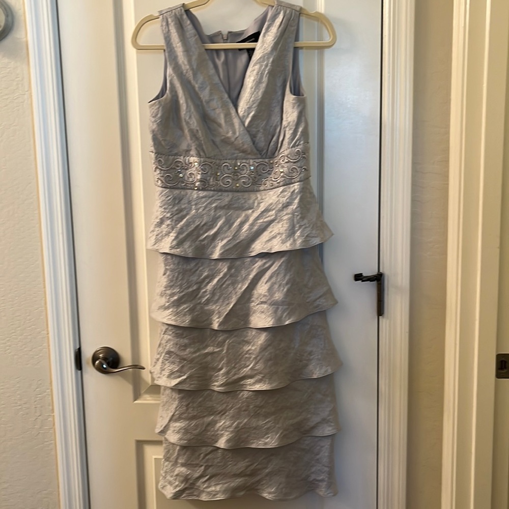R&M Richards silver shimmery embellished mid length layered look dress size 6